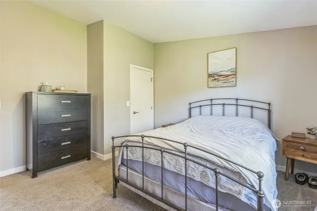 a bedroom with a bed and a closet