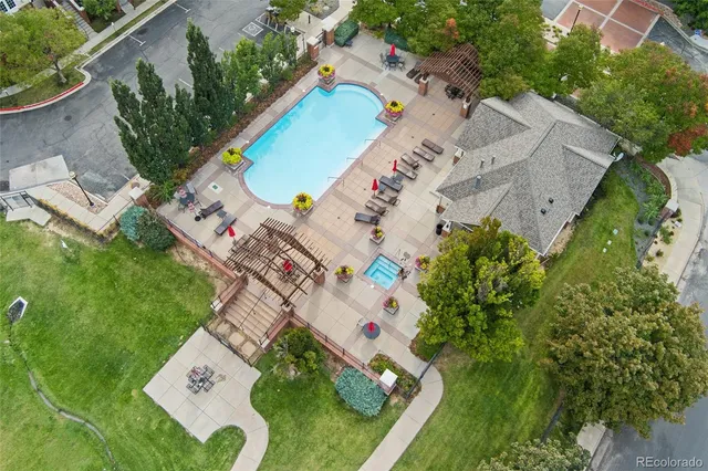 an aerial view of a house with a garden