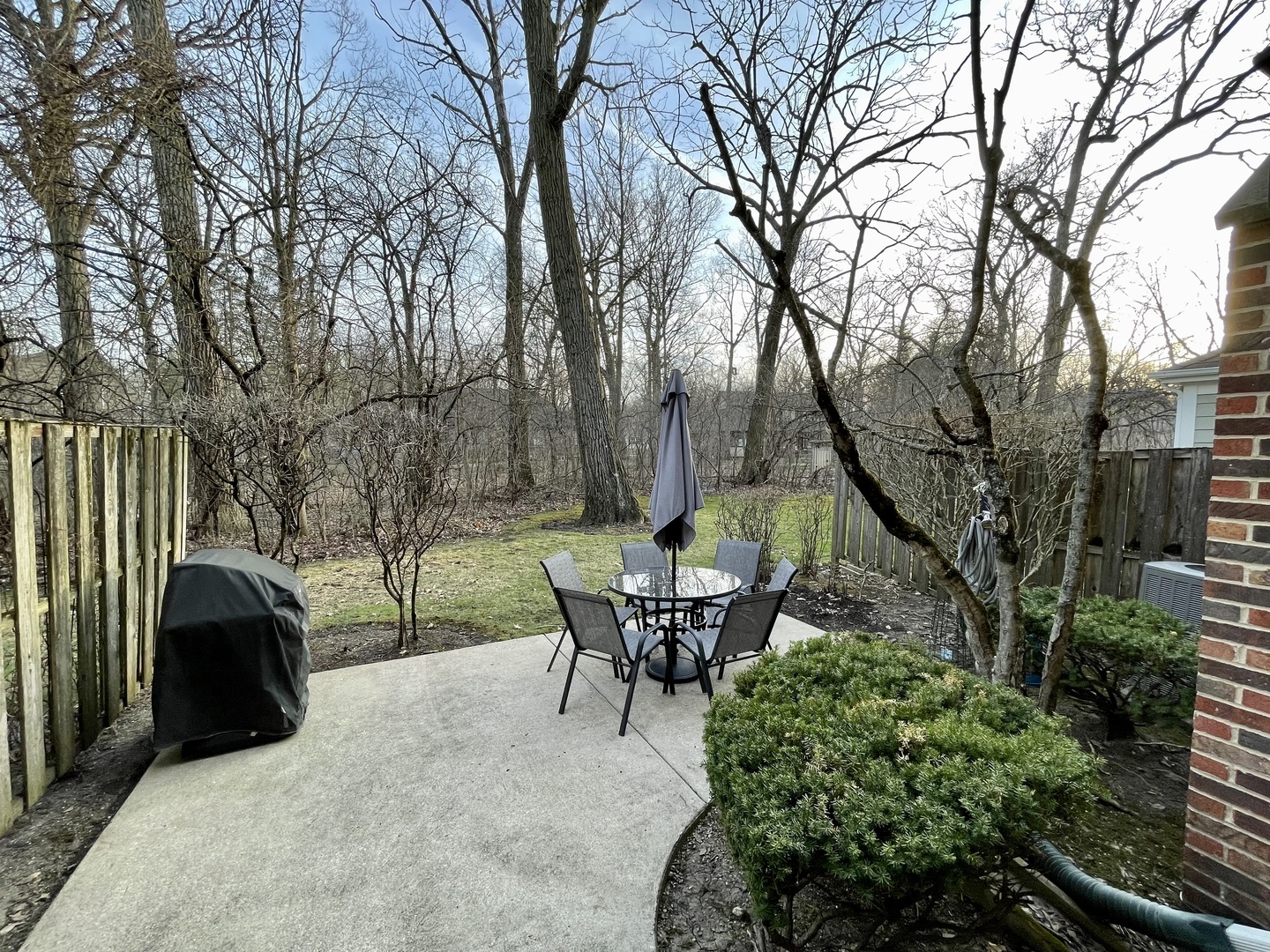 815 Suffield Square Lincolnshire, IL 60069 - Photo 27 of 27 a view of a backyard with table and chairs and a barbeque with potted plants and large trees