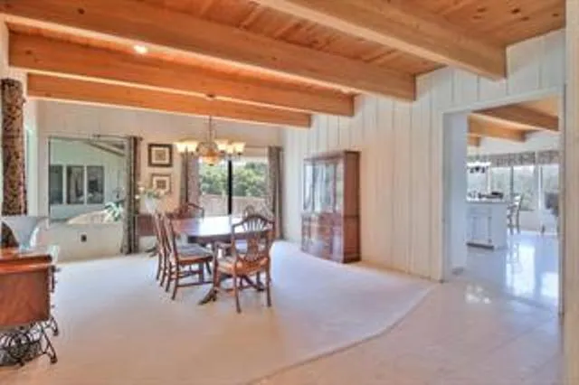 a dining room with furniture and a floor to ceiling window