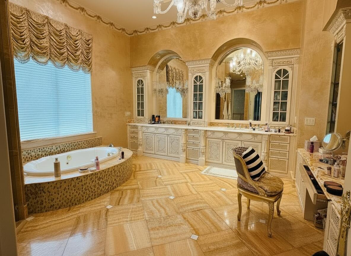 17730 Scarsdale Way Boca Raton, FL 33496 - Photo 19 of 42 a spacious bathroom with a granite countertop tub and a large mirror