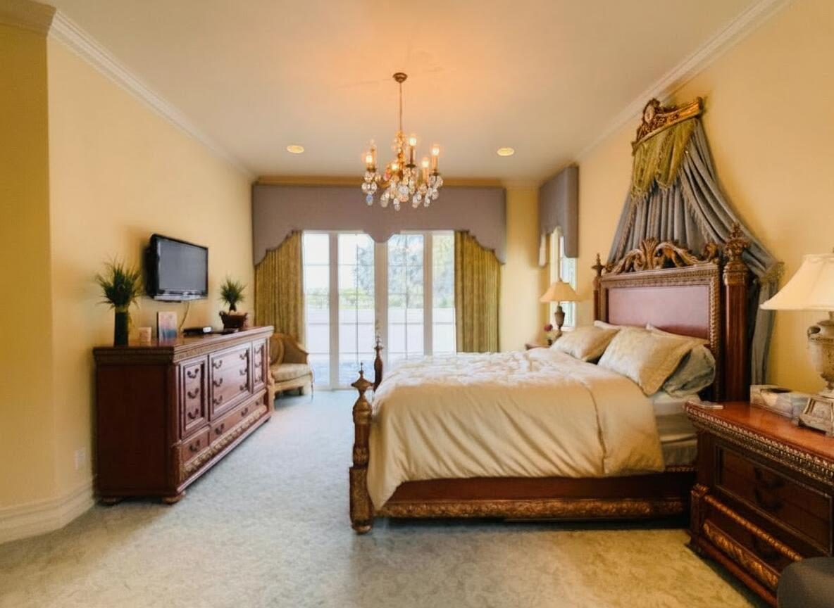 17730 Scarsdale Way Boca Raton, FL 33496 - Photo 26 of 42 a spacious bedroom with a bed and a chandelier