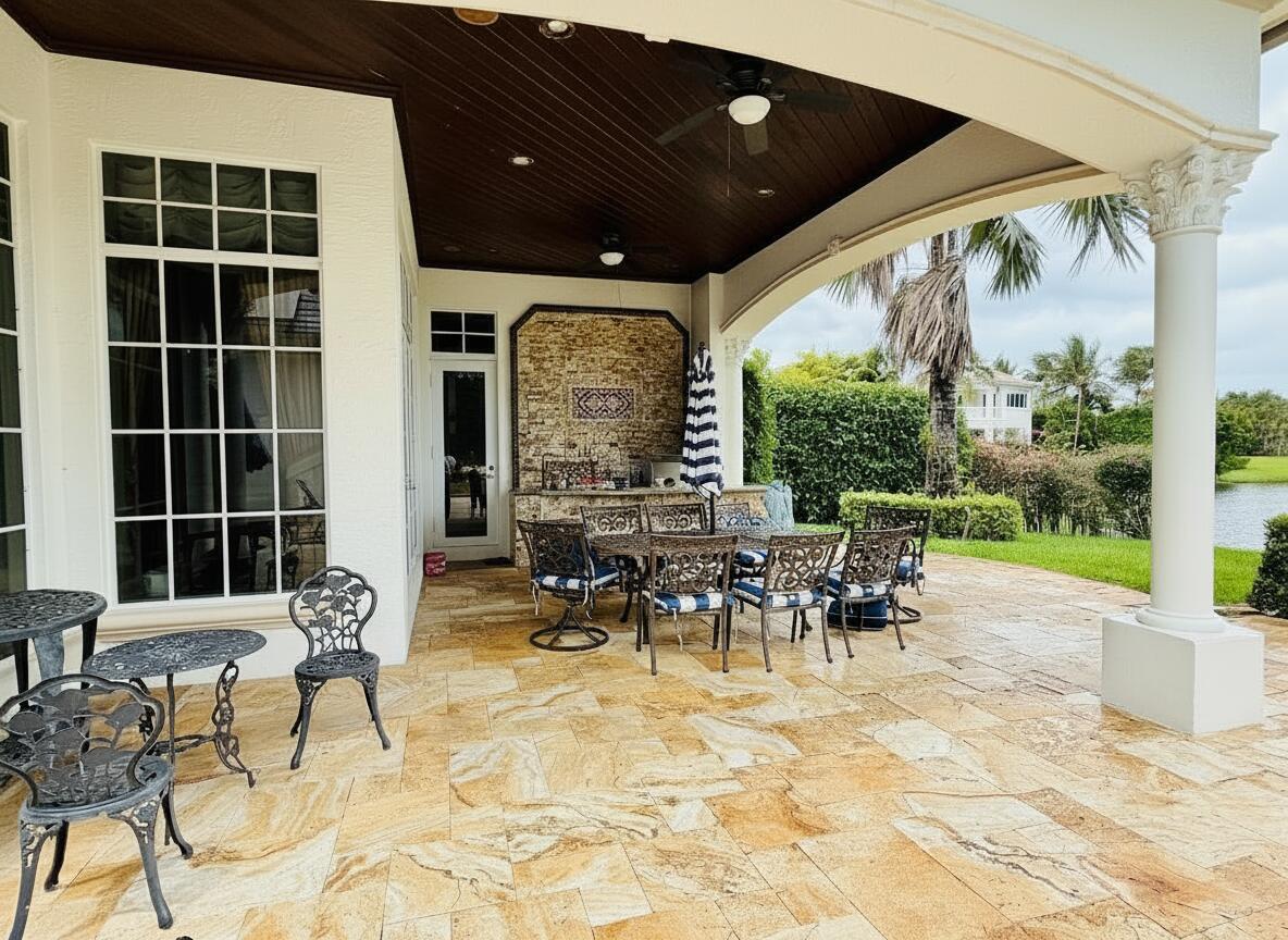 17730 Scarsdale Way Boca Raton, FL 33496 - Photo 32 of 42 a view of a porch with dining table and chairs