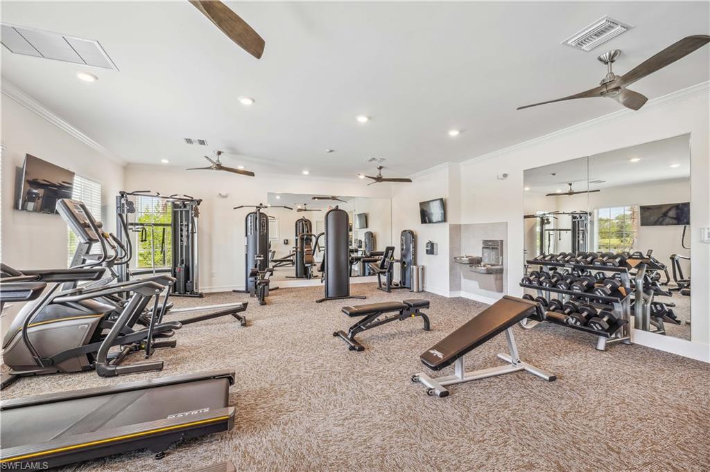 17788 Shade Tree Loop Punta Gorda, FL 33982 - Photo 28 of 44 Gym featuring carpet floors, crown molding, ceiling fan, and a healthy amount of sunlight