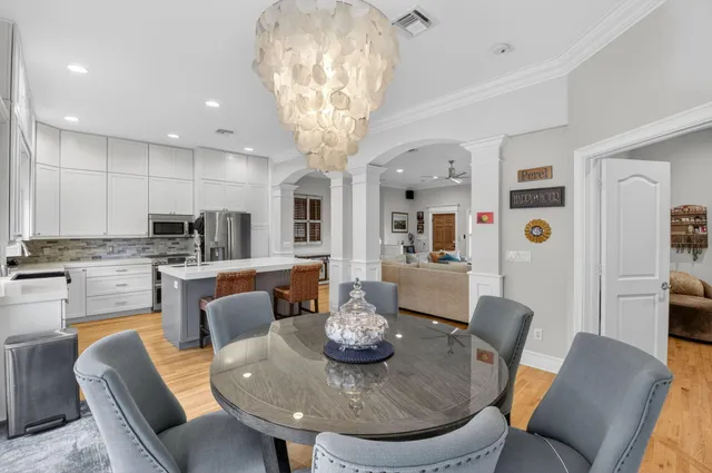 a view of a dining room with furniture