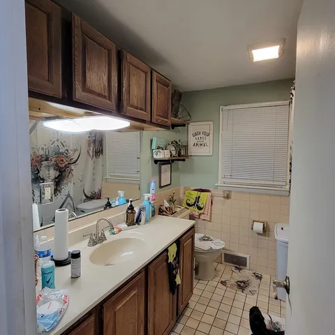 a bathroom with a sink double vanity and a toilet