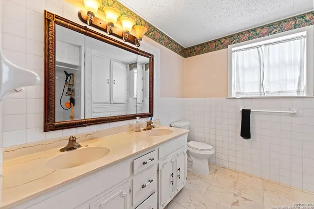 a bathroom with a double vanity sink toilet and a mirror