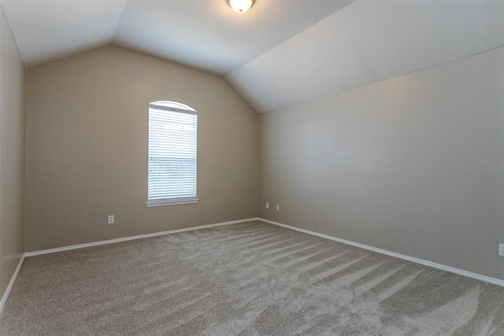203 Arabian Road Waxahachie, TX 75165 - Photo 19 of 24 Room featuring a vaulted ceiling with an overhead light fixture, an arched window with blinds, neutral-toned walls, and carpeting