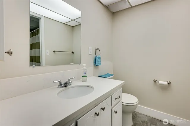 a bathroom with a sink a toilet and mirror