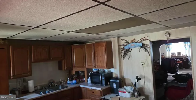 a storage room with wooden shelves