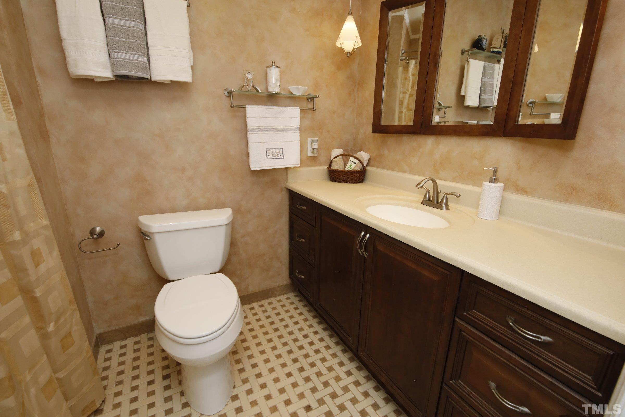 7413 Old Hundred Road Raleigh, NC 27613 - Photo 26 of 35 a bathroom with a toilet a sink a mirror and vanity