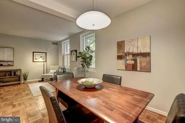 a view of a dining room with furniture