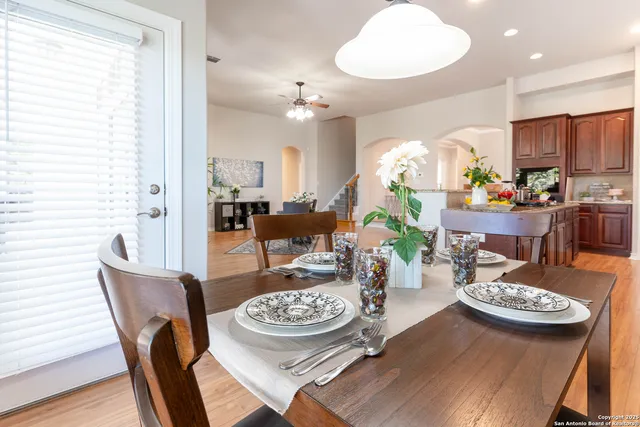 a view of a dining room with furniture
