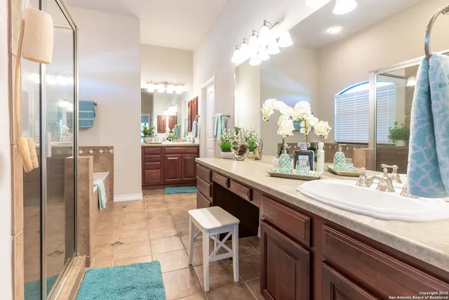 a bathroom with a sink a large mirror and a shower
