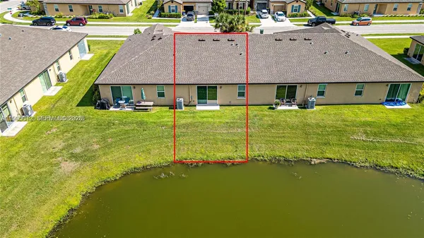 an aerial view of a swimming pool