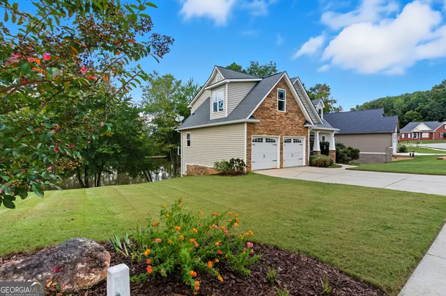 a view of a lake from a yard
