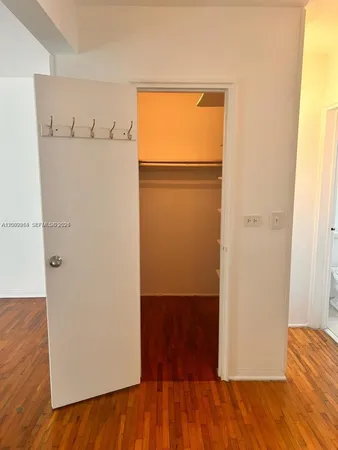 a view of walk in closet with wooden floor