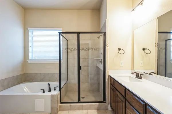 a bathroom with a tub sink shower and mirror
