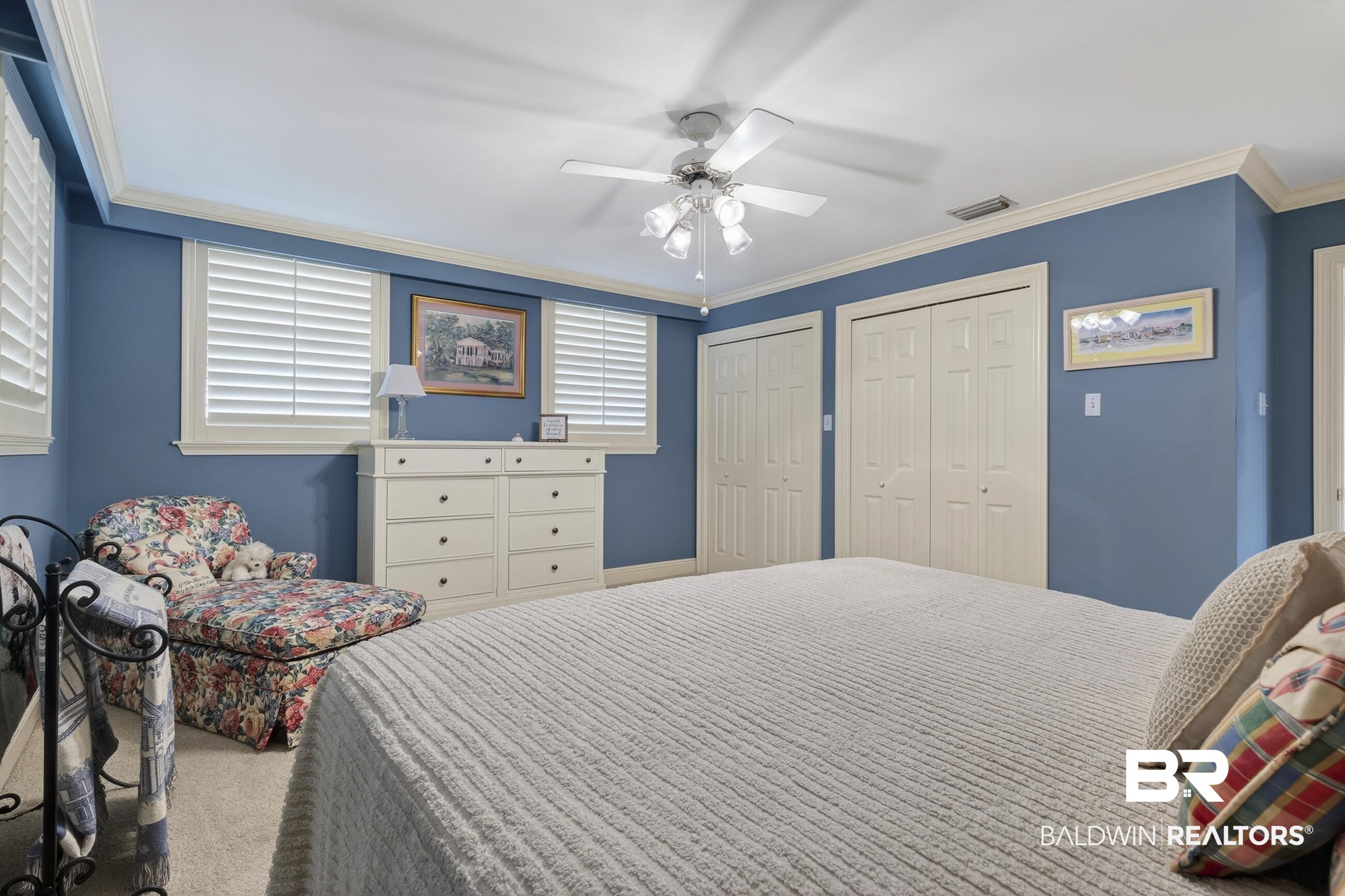 3175 Dawes Lake Road Mobile, AL 36619 - Photo 47 of 92 Bedroom featuring crown molding, multiple closets, a ceiling fan, and carpet
