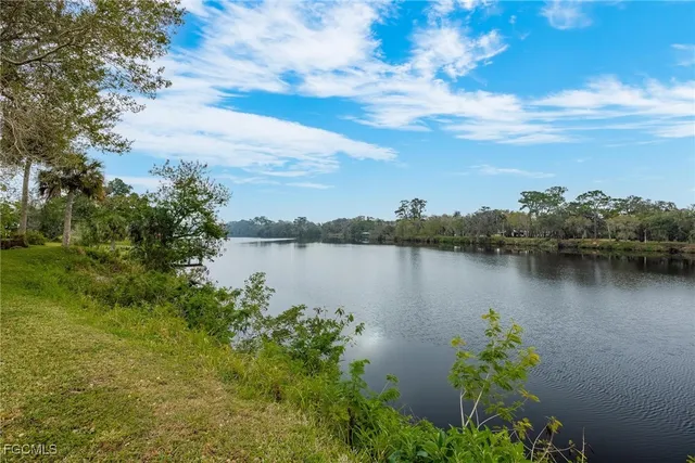 a view of a lake with houses in the back