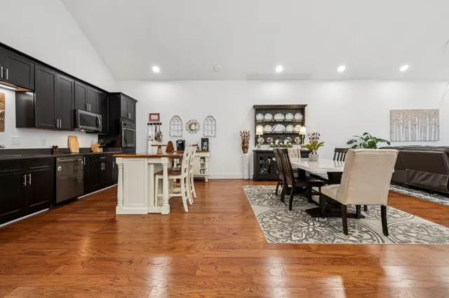 a view of a dining room with furniture