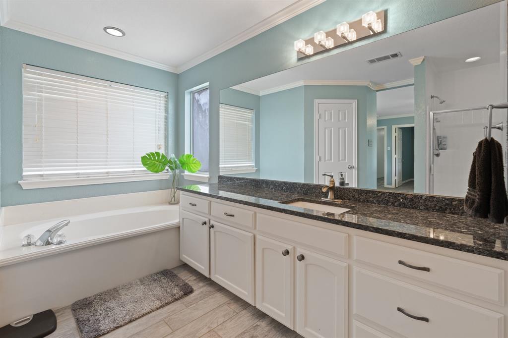 2600 Dave Angel Road Burleson, TX 76028 - Photo 26 of 33 a bathroom with a granite countertop sink mirror and bathtub
