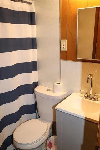 a bathroom with a sink a toilet a mirror and shower curtain