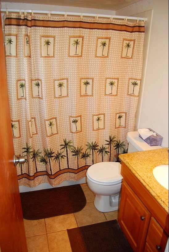 120 Hui F Road, Unit I6 Lahaina, HI 96761 - Photo 6 of 13 a bathroom with a granite countertop sink a toilet a mirror and shower curtain