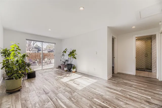 a view of a room with wooden floor and a potted plant