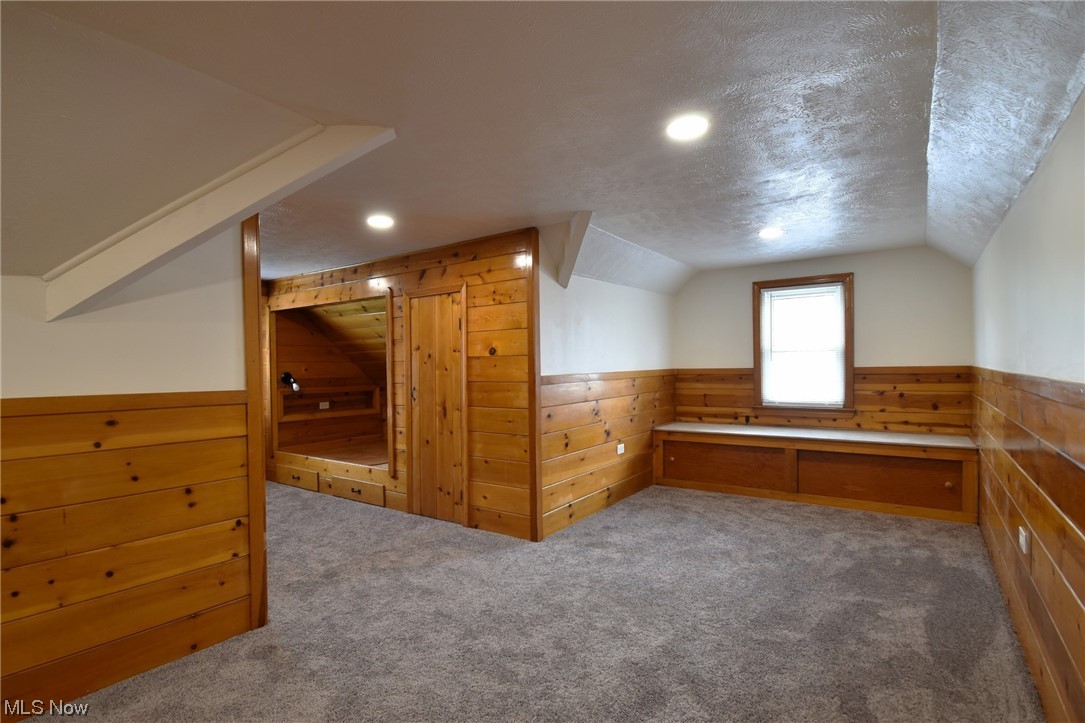 1259 Churchill Road Cleveland, OH 44124 - Photo 18 of 24 Bonus room with wood walls, vaulted ceiling, carpet, and a textured ceiling