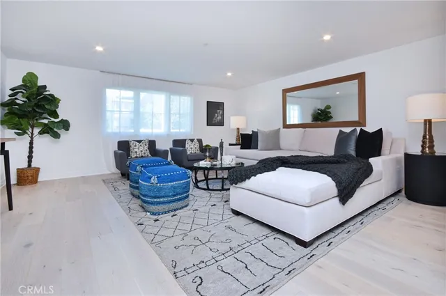 a living room with furniture and a potted plant