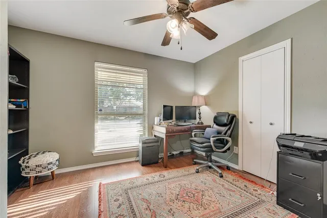 a workspace with chandelier