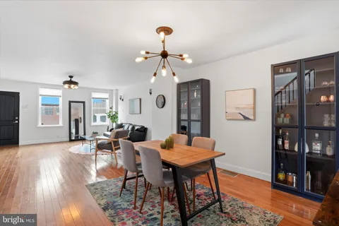 a view of a dining room with furniture and wooden floor
