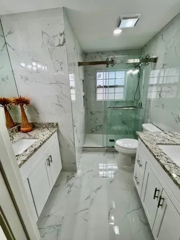 a bathroom with a granite countertop sink a toilet and shower