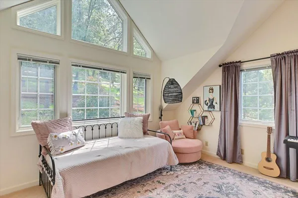 a view of a dining room with furniture window and outside view