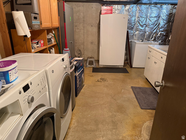 362 East 9150th Street South Sandy, UT 84070 - Photo 32 of 41 Laundry room with cabinet space, washer and dryer, and concrete flooring