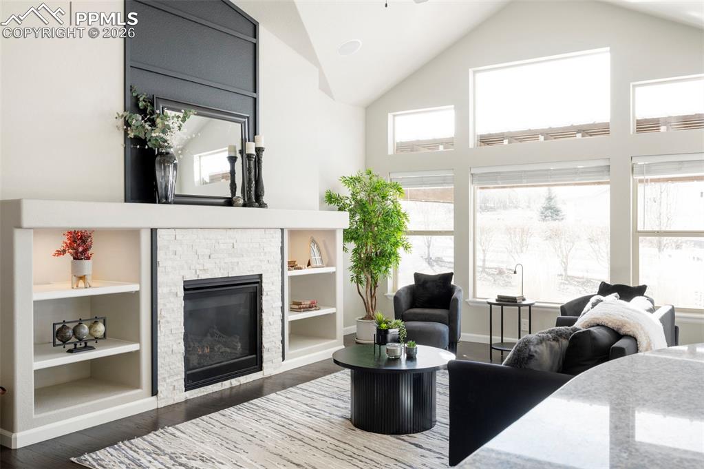 1073 Native Dancer Terrace Colorado Springs, CO 80921 - Photo 13 of 48 Living room featuring a high ceiling, a fireplace, dark wood-type flooring, built in shelves, and ceiling fan