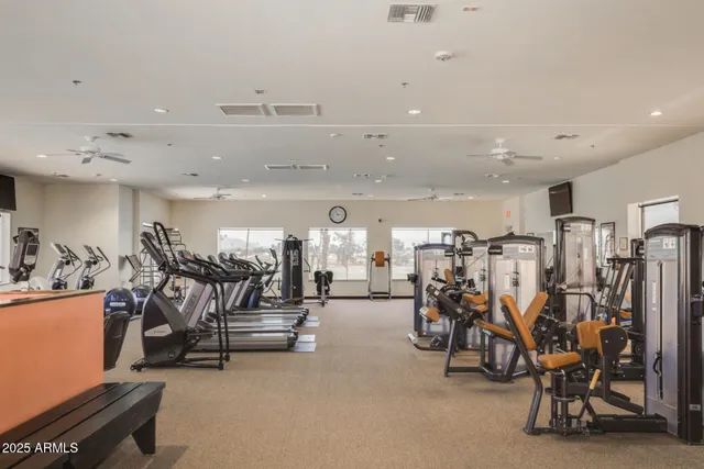 a view of a tennis ground with large trees