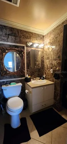 a bathroom with a sink toilet mirror and vanity