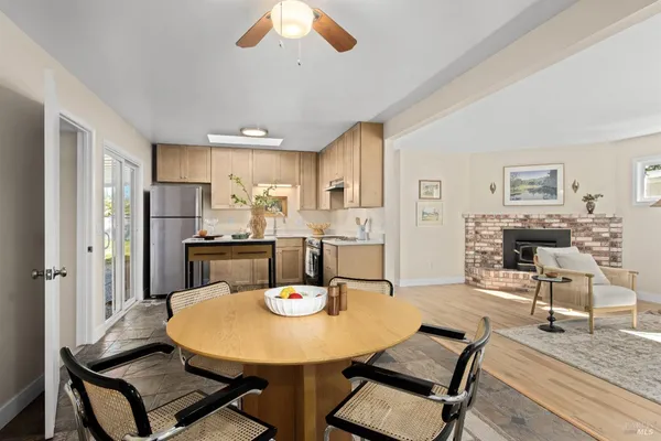a view of a dining room with furniture