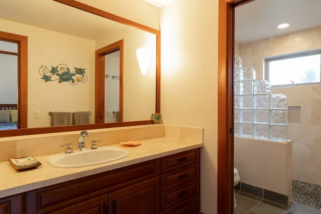 a bathroom with a granite countertop sink and a mirror