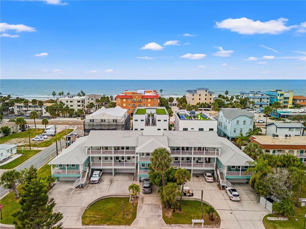 a view of a city with lawn chairs