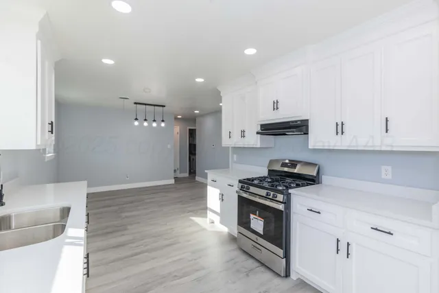 a kitchen with stainless steel appliances granite countertop a stove a sink and a refrigerator