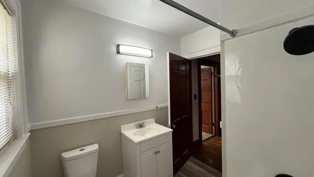 a bathroom with a sink a toilet and mirror