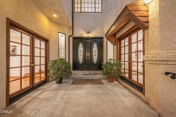 a living room with furniture a rug a fireplace and a potted plant
