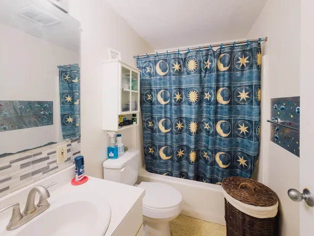 a bathroom with a sink a toilet and shower curtain