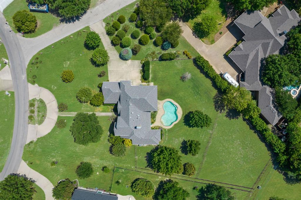 an aerial view of a swimming pool
