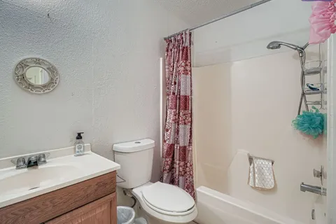 a bathroom with a sink a toilet and shower curtain