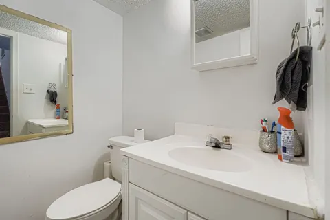 a bathroom with a sink toilet and mirror