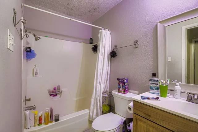 a bathroom with a sink vanity mirror and toilet